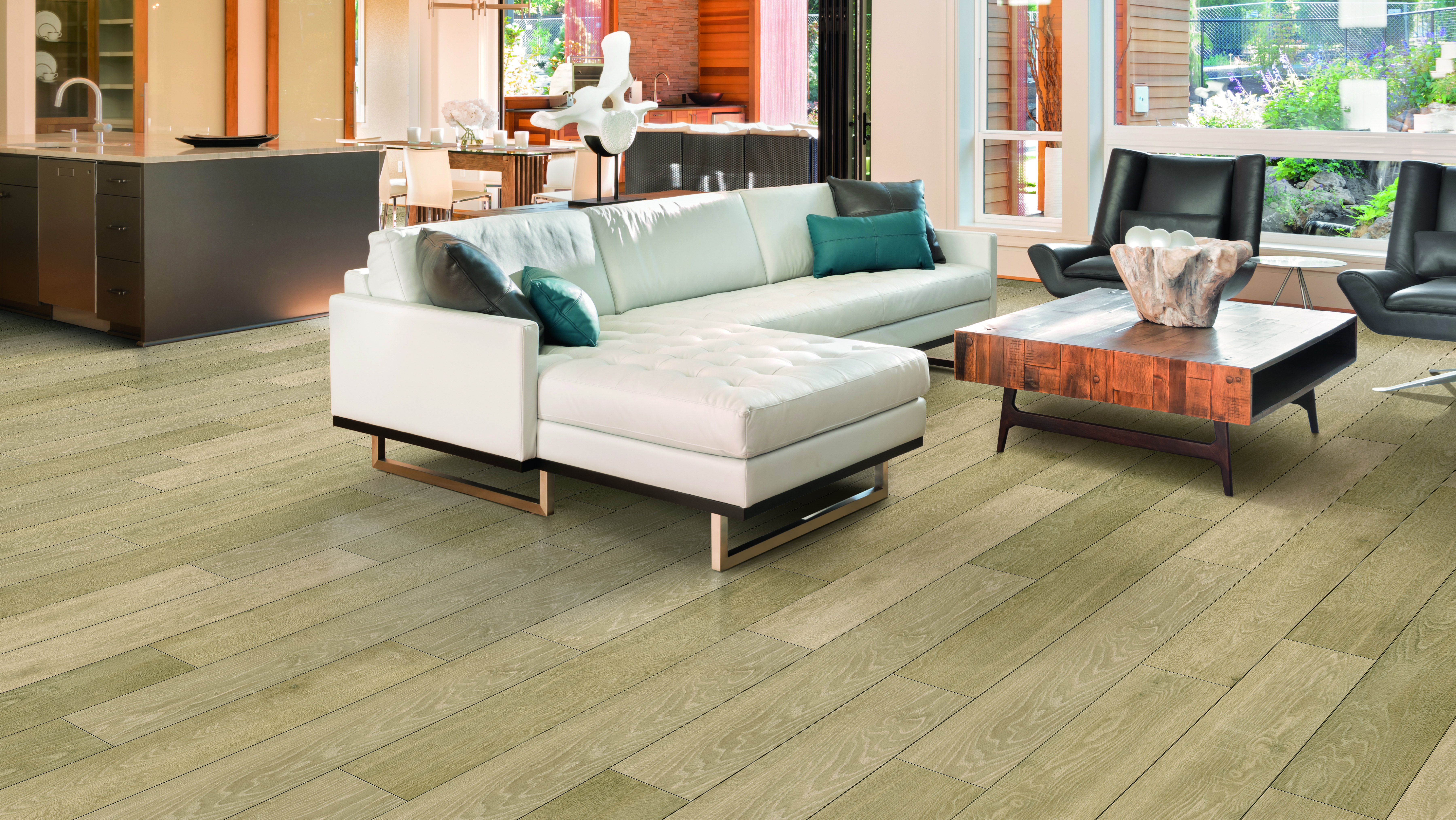 Luxury vinyl flooring in a living room, installation services available.