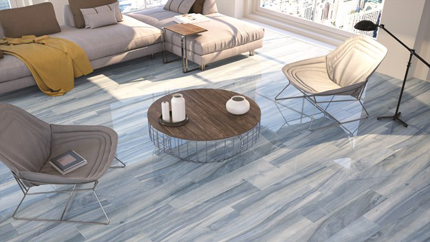 Wood-look tile flooring in a living room, installation services available.