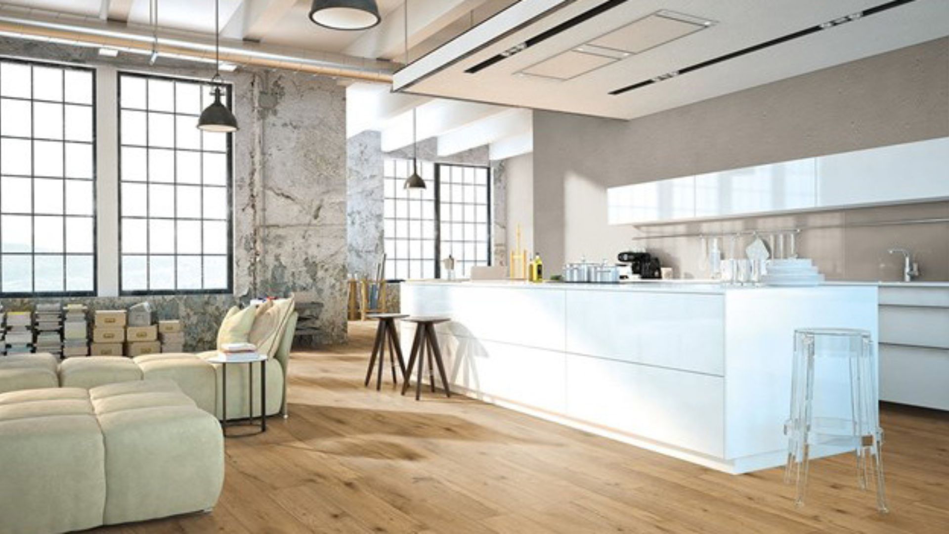 laminate flooring in a large open kitchen and living room for Oklahoma homes